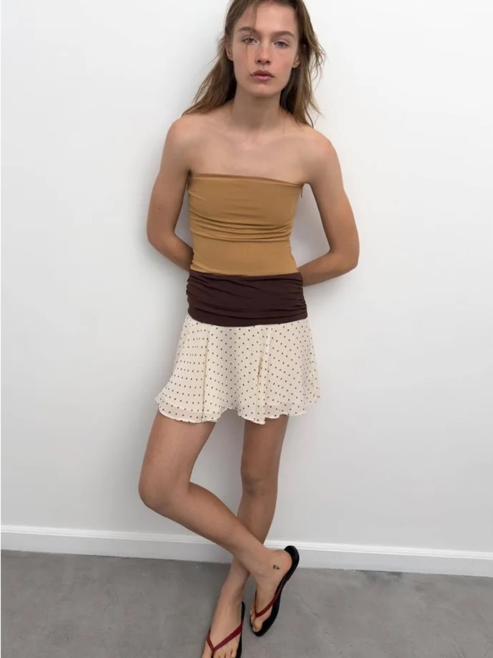 Zara Strapless Colorblock Mini Dress in Tan, Brown & Cream Polka Dot